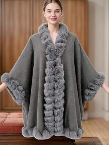 Poncho capa de mujer talla grande con cuello de piel de conejo sintética, chaqueta de punto holgada, estilo europeo y americano para vestir, otoño/invierno