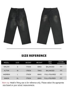 1pc Vintage Washed Loose Fit Wide Leg Men's Jeans, Non-Stretch, Suitable For Casual And Work Wear - Black - View 7