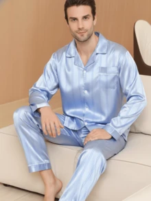 Two Pieces Sets Men's Satin Vertical Stripe Printed Silk Pocket Long Sleeved Pajamas With Long Pants Sleepwear Set Suitable For All Seasons - Baby Blue - View 3