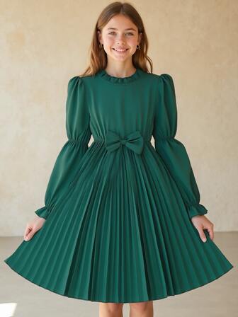 Plisserad klänning med puffärm och volangkrage för tweenflickor, lämplig för Halloween och jul