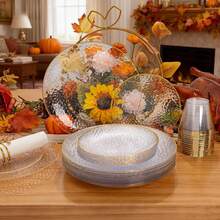 10pcs Transparent Hammered Gold Rim Plates, Dinner Plates, Salad Plates - Includes 10pcs 10.25-Inch Plates Or 10pcs 7.5-Inch Plates, Essential For Dinner, Dessert, Party, Wedding