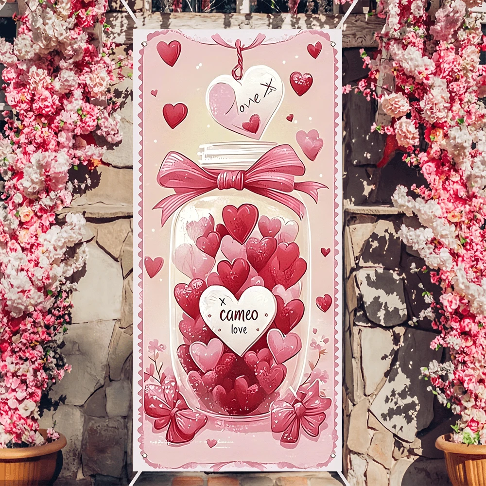 1 pieza Pancarta de fondo para el pórtico del Día de San Valentín, tema de amor, Día de las mariposas, corazones, adecuado para la decoración de la entrada del hogar, tela de poliéster duradera, accesorio de fondo para fotografía, decoración imprescindible para el Día de San Valentín, decoración de pared para bodas, pancarta para la puerta principal del Día de San Valentín, ducha nupcial, aniversario - Multicolor - Ver 1