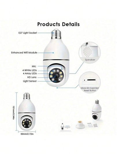 FHD 2MP Wireless Verlichting Bulb Security Camera, Work 2, 4ghz WiFi, Motion Auto Tracking, Way Audio, Spotlight Night Vision, E27 Screw In CCTV Camera view 5