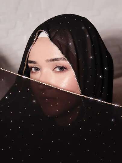 1pc Heavy Chain Link & Rhinestone Embellished Solid Color Chiffon Scarf Hijab For Women