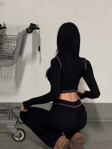 女士秋季连帽长袖套装，拉链字母旅行休闲装，舒适运动裤，秋季服装黑色春季 - 黑色 - 查看 4