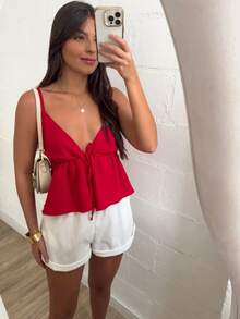 Women's Blouse With Tie Detail, Casual, Loose Fit, Knot Style, Perfect For Beach, Night Out, Vacation, V-Neck - 紅色 - 查看 3