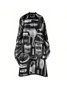 1pc Professional Salon Hairstylist Cape With Neck Duster - Durable Polyester Hair Cutting Cape, Ideal For Styling And Trimming, Black With White Pattern, Hairdressing Accessory | Unique Pattern Design | Polyester Cape, Hairdressing Accessory