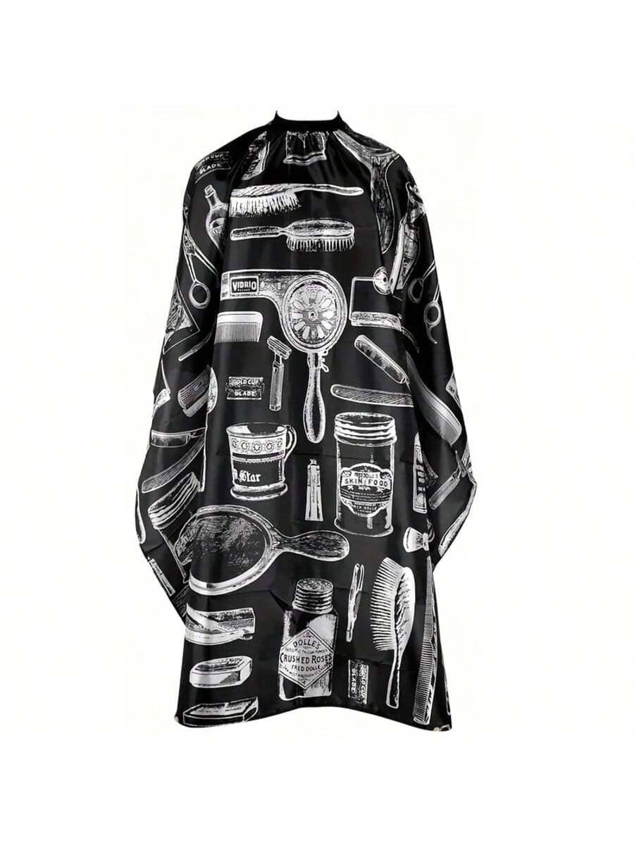 1pc Professional Salon Hairstylist Cape With Neck Duster - Durable Polyester Hair Cutting Cape, Ideal For Styling And Trimming, Black With White Pattern, Hairdressing Accessory | Unique Pattern Design | Polyester Cape, Hairdressing Accessory