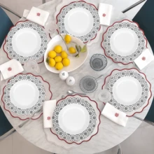Jogo de Servir 12 Peças Prato Fundo + Prato Raso + Prato de Sobremesa Melamina / Plástico Decorado - Branco com Preto - Visão 1