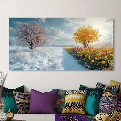 Framed 2D Flat Abstract Wall Art Seasonal Duality S, Modern Canvsa Wall Decoration, 1.5-Inch Framed Picture For Bathroom, Living Room, Bedroom, Office, Kitchen, Dining Room, High Definition 2D Flat Prints Artwork Home Decor, Gift For Family