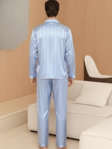 Two Pieces Sets Men's Satin Vertical Stripe Printed Silk Pocket Long Sleeved Pajamas With Long Pants Sleepwear Set Suitable For All Seasons - Baby Blue - View 5