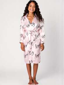 Tween Girl Heart Print Long Sleeve Casual Bathrobe - Multicolor - View 4
