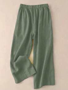 Spring/Summer New Arrival, Versatile For Commute & Casual, High-Waisted Wide-Leg Pants In Soft Green, Side Tie Design. Flowy Linen Blend Fabric, 7/8 Length. Elastic Waistband, Slimming & Elongating. Pockets Design, Breathable Comfort. Solid Color Versatile, Suitable For Commute & Everyday Casual Wear. Relaxed Fit, Fashionable & Elegant, Women's Valentine's Day & Vacation Outfit - Green - View 2