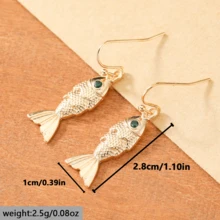 Minimalist Fashion Women's Pendant Earrings, Personalized Small Fish Pendant With Carved Scaled Pattern And Synthetic Gemstone Inlay, Fashionable Women's Jewelry, Holiday & Anniversary Gift - Gold - View 2