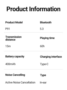 Tagry P91 Wireless Noise Cancelling Bluetooth 5.4 Earphones, IPX7 Waterproof, 30 Hours Battery Life, Built-In Microphone, Clear Calls, Suitable For Work And Entertainment - Black - View 5