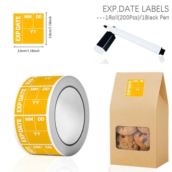 1Roll(200Pcs) Expiration Food Rotation Date Stickers With Black Erasable Pen 1.18*1.18'' Satety Date Freezer Pantry Index Label Sealing Tag Perfect For Kitchen Storage Containers, Food Jars, Takeout