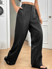 Women's Wide Leg Striped Pantaloon Chalk Pants - Negro - Ver 3