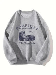 Women's Casual Long Sleeve Crew Neck Sweatshirt With Roman Print - Cozy Polyester, Machine Washable, Non-Stretch Fabric For Fall & Winter (2) - 淺灰色 - 查看 1