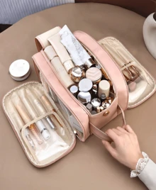 Pink Waterproof PU Leather Multifunctional Makeup Bag Double-Layer Large Capacity Portable Travel Cosmetic Bag Toiletries Storage Bag With Handle For Woman Dividers PU Makeup Bag Brush Storage Bag Men Business Wash Bag Makeup Bags Makeup Organizer Make Up Organizer Makeup Storage Back To School Supplies - Hồng - Xem 3