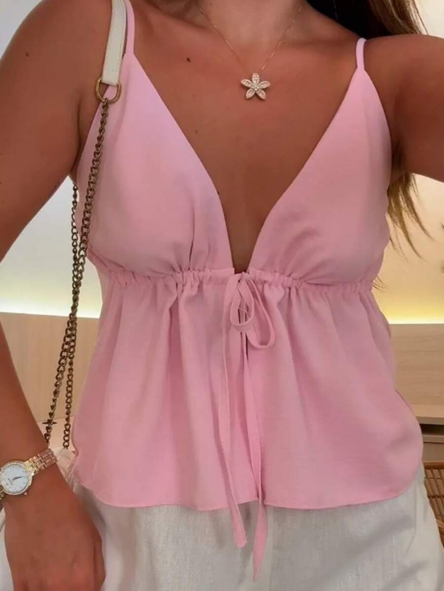 Women's Blouse With Tie Detail, Casual, Loose Fit, Knot Style, Perfect For Beach, Night Out, Vacation, V-Neck - 淺粉色 - 查看 1