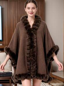 Poncho capa de mujer talla grande con cuello de piel de conejo sintética, chaqueta de punto holgada, estilo europeo y americano para vestir, otoño/invierno