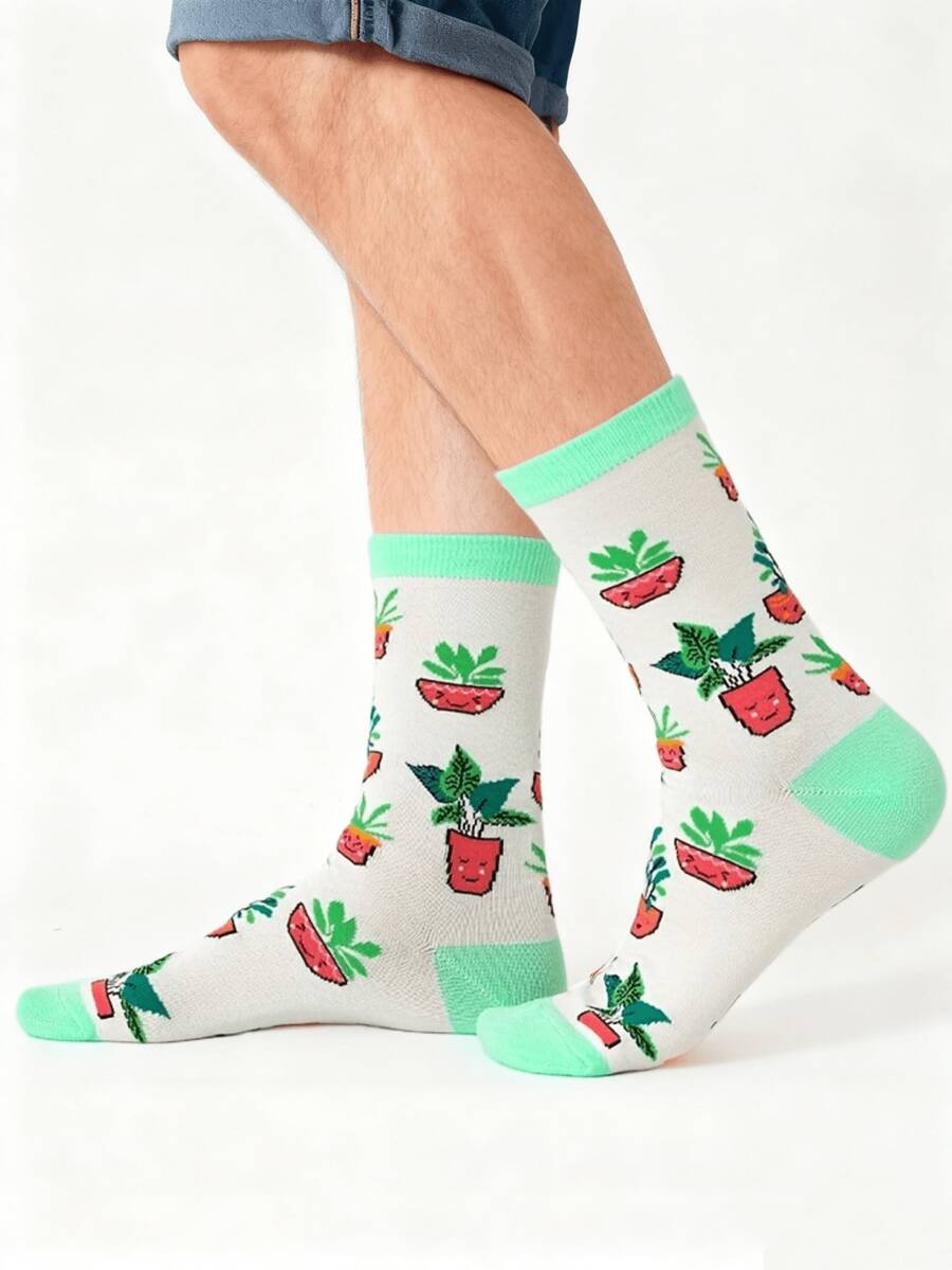 1pair/2pairs/5pairs Men's Fun Socks,Plants Middle Tube Socks,Casual Soprts Foot Letter Fun Socks,Men's And Women's Neutral Fun Patterns Socks,All Seasons