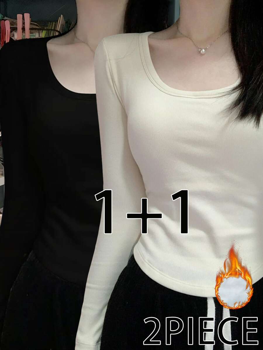 2pcs 270g Autumn/Winter Thermal Underwear Tops, Solid Color Slim Fit Long Sleeve T-Shirts, Versatile Base Layer - Apricot + Black - View 1