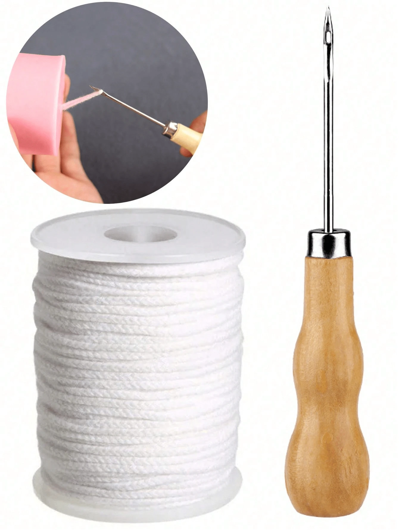 2件套蜡烛芯套装 - 6.1米棉质蜡烛芯，包含蜡烛模具穿孔器、耐用烛芯固定器和不锈钢穿孔工具，适用于DIY蜡烛制作，蜡模配件 - 彩色 - 查看 1