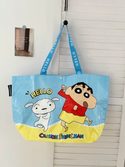 Crayon Shinchan Blue Shopping Bag, Cute Shinchan Red Shirt Yellow Shorts + White Shiro, Top 'HELLO' + Bottom 'SHINCHAN' Lettering, Blue Strap 'HELLO' Print, Vibrant Durable Fabric, High-Quality Printing, Grocery/Shopping Trips/Daily Durable Fabric, High-Quality Printing, Grocery/Shopping Trips/Daily Erwees/Faily Er Must-Have, Ideal Birthday/Holiday/Special Occasion Gift