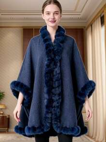 Poncho capa de mujer talla grande con cuello de piel de conejo sintética, chaqueta de punto holgada, estilo europeo y americano para vestir, otoño/invierno