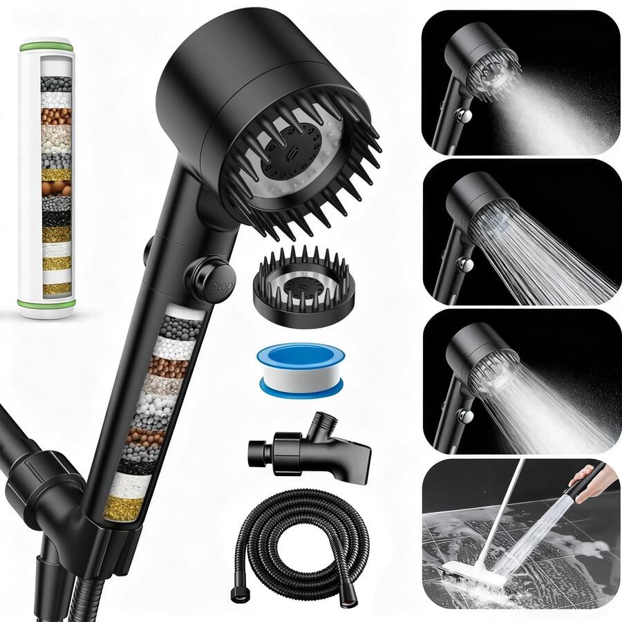 FEELSO Shower Head With Filter Handheld  - High Pressure Power Wash For Pets & Adults, 5-Setting Massage Spray With 60" Hose, ON/OFF Switch, Easy Install Low Flow Shower Head - màu đen - Xem 1