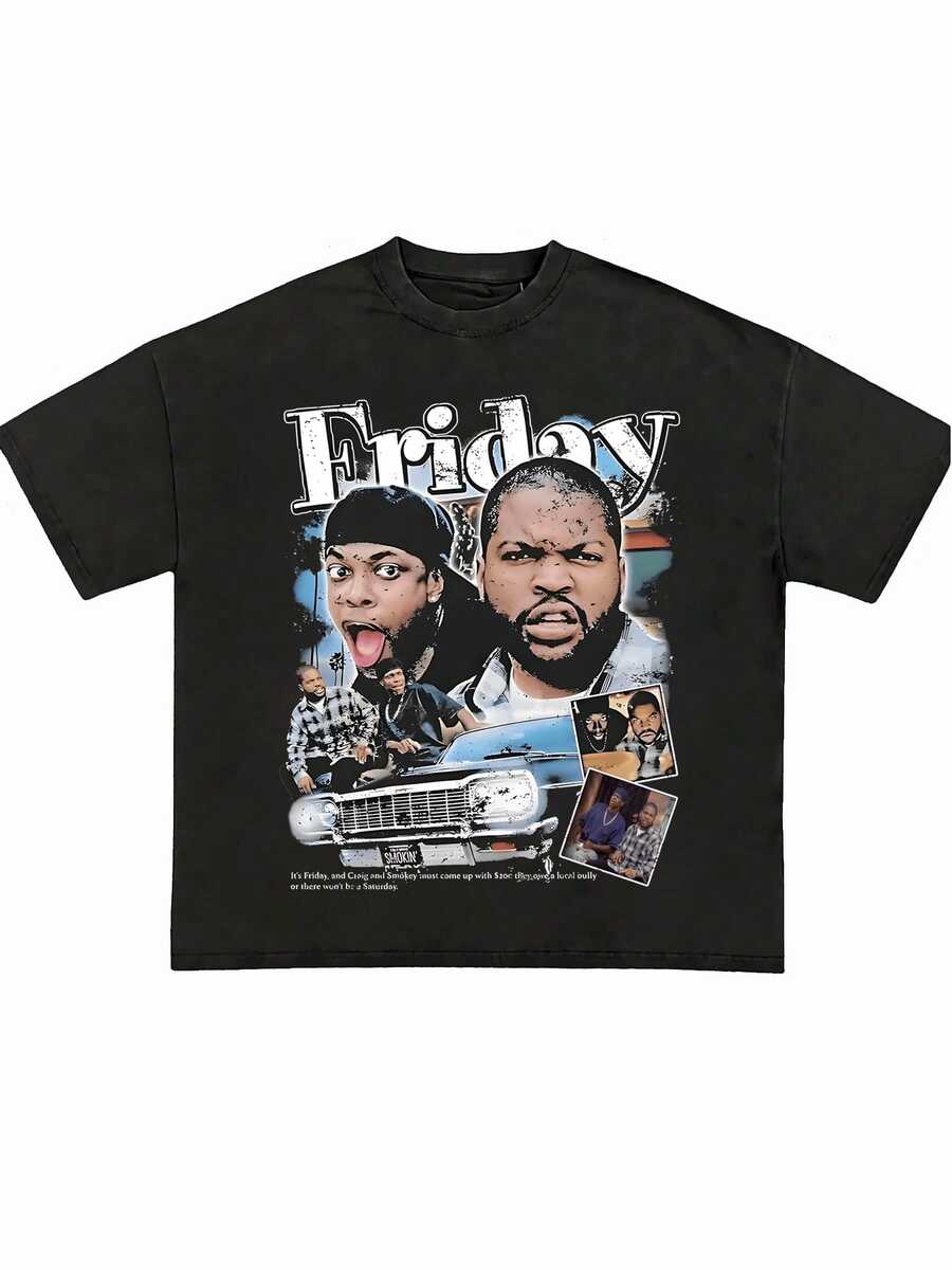 Friday Movie Collage Graphic Black T - Shirt,Comfortable Casual Short Sleeve, 220 Grams Heavyweight Cotton Printed T-Shirt - 黑色 - 查看 1