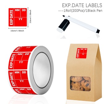 1卷（200张）食品保质期标签，配黑色可擦笔，尺寸1.18*1.18英寸，适用于冷冻食品储藏室，可用作保质期标签或密封标签，完美适用于厨房储物容器、食品罐、外卖等。