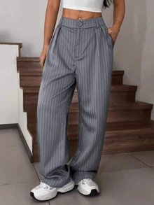 Women's Chalk Pants, Striped Wide Leg, Wide Leg - 灰色 - 查看 4