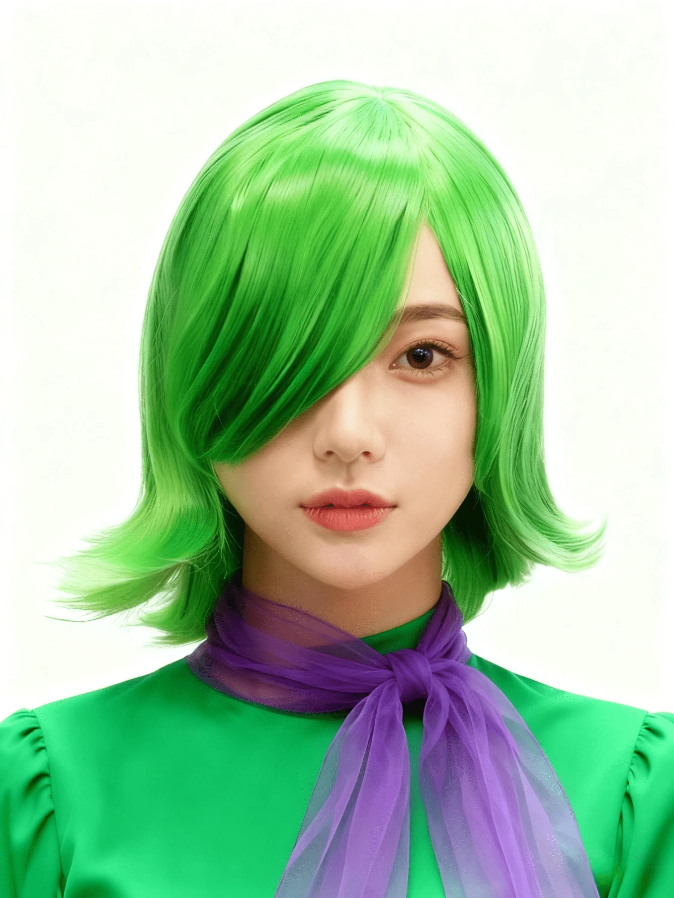 这款充满活力的绿色波波头cosplay假发旨在捕捉大胆艺术气息的精髓，非常适合在艺术主题活动、cosplay展会或任何您想要展现独特时尚造型的场合中，扮演前卫吸睛的角色。