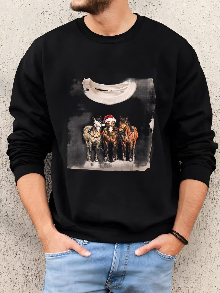 Mens Christmas Horse Sweatshirt, Western Christmas Horse Sweater, Horse Sweatshirt, Horse Xmas Gift, Womens Christmas Sweater, Horse Lover Gift Sweatshirt - 黑色 - 查看 1