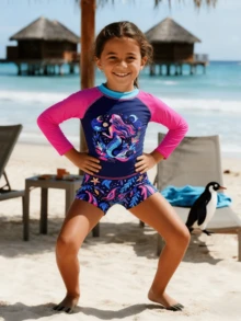 LARA VIVA Conjunto de roupa de banho infantil - camiseta de manga longa com proteção solar (inclui proteção UV) + shorts, estampa infantil "Série Salvar os Oceanos", combinação de cores contrastantes, tecido respirável para surf de secagem rápida, roupa para praia/piscina, indicado para meninos de 4 a 14 anos - Rosa chiclete - Visão 4