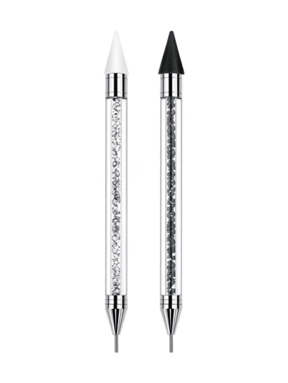 2pcs Rhinestone Picker Dotting Pen, Dual-Ended Rhinestone Gems Crystals Studs Picker Wax Pencil Pen Crystal Beads Handle Manicure Nail Art DIY Decoration Tool (Black White)