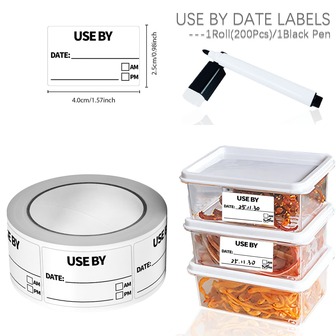 1 rulle (200 st) vintage bäst före-datum-klistermärken med svart tuschpenna 0,98*1,57'' mätdatum, frysskafferiindexetiketter, förseglingsetikett, perfekt för köksförvaringsbehållare, matburkar, drycker, masonburkar
