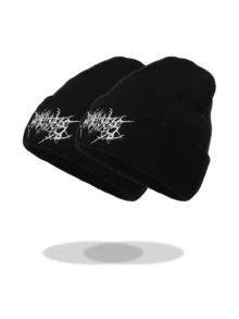 1/2/3件装哥特风男士刺绣围巾针织帽，女士时尚街头滑雪帽，保暖百搭的防寒帽，宽松版型 - 彩色 - 查看 15