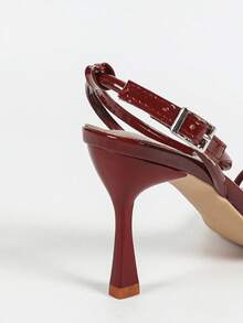 planare 女士时尚休闲优雅简约PU露趾踝带尖头细高跟凉鞋，夏季 - 酒紅色 - 查看 10