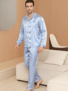 Two Pieces Sets Men's Satin Vertical Stripe Printed Silk Pocket Long Sleeved Pajamas With Long Pants Sleepwear Set Suitable For All Seasons - Baby Blue - View 4