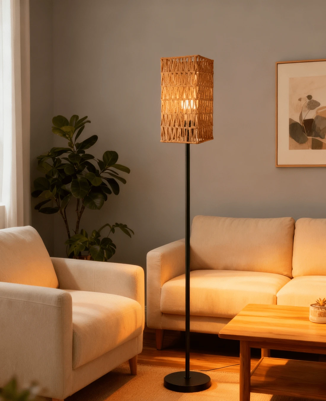 Floor Lamp For Living Room,Farmhouse Rattan Floor Lamp,Modern Standing Lamp With Hand-Worked Rattan Shade,Black Tall Lamp With Foot Switch (Square Shade) - Xem 1