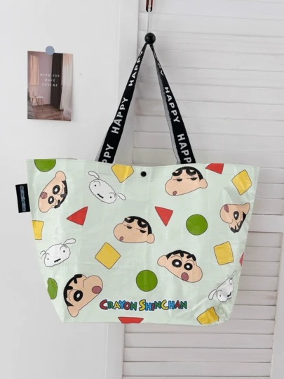 Crayon Shinchan Blue Shopping Bag, Cute Shinchan Red Shirt Yellow Shorts + White Shiro, Top 'HELLO' + Bottom 'CRAYON SHINCHAN' Lettering, Blue Strap 'HELLO' Print, Vibrant Durable Fabric, High-Quality 的製Ideal Birthday/Holiday/Special Occasion Gift