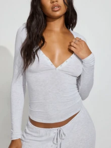 Women's Henley T Shirts Button Ribbed Knit Slim Fit Basic Tees Deep V Neck Long Sleeve Casual Crop Tops Spring Autumn Comfy Soft Shirts  Going Out Tops For Women - Light Grey - View 1