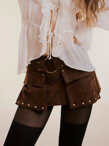 Women's Y2k Grunge Punk Suede Low Rise Rivet Belted Mini Skirt With Pocket For Party Clubwear - Cà phê nâu - Xem 2