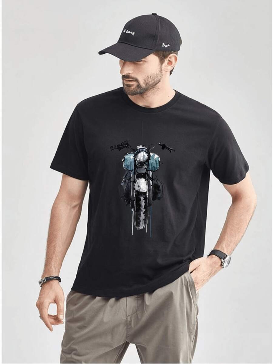 Men's Motorcycle T-Shirt, Vintage Motorcycle Design, 100% Cotton, High-Quality Print - màu đen - Xem 1