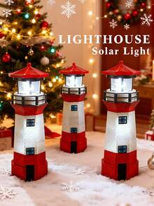1pcs/2pcs  Outdoor Garden Solar-Powered Red Lighthouse, Ocean-Themed Floor-Standing ABS Resin Simulated Lighthouse Statue, 180° Rotating Lamp, Waterproof IP44 Creative Landscape Decorative Lamp, Micro-Landscape Interactive Tracking Lamp, Suitable For Garden, Courtyard, Front Porch, Lawn, Back Garden Decoration, Outdoor Solar-Powered Garden Decorative Lamp (400mah) - Đỏ - Xem 5
