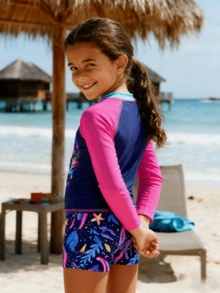 LARA VIVA Conjunto de roupa de banho infantil - camiseta de manga longa com proteção solar (inclui proteção UV) + shorts, estampa infantil "Série Salvar os Oceanos", combinação de cores contrastantes, tecido respirável para surf de secagem rápida, roupa para praia/piscina, indicado para meninos de 4 a 14 anos - Rosa chiclete - Visão 2