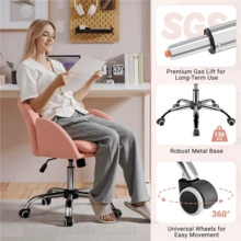 Butterslay 1PC Modern Velvet Upholstered Desk Office Vanity Chair Armrests 360° Swivel Rolling Height Adjustable Tilt Dual-Layer Cushion For Home Office Bedroom, Dark Gray/Light Gray/Snowy/Pink - Hồng - Xem 4